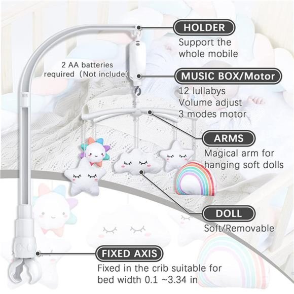 Baby Crib Mobile, 23 Inches Baby Mobile Arm and 5 Pcs Hanging Toys - Picture 4 of 6